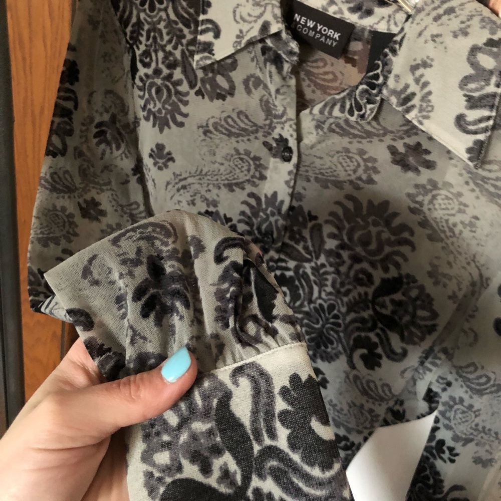Button Down Sheer Blouse with Floral Pattern